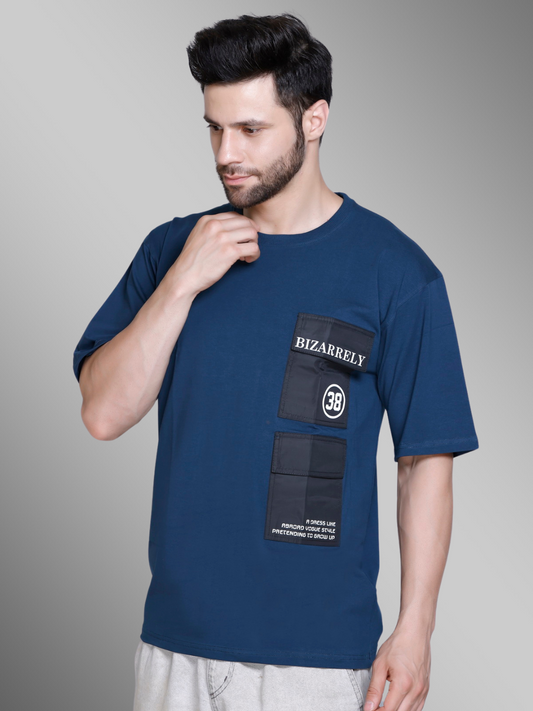 Midnight Serenade Navy Blue Round Neck Pocket T-shirt