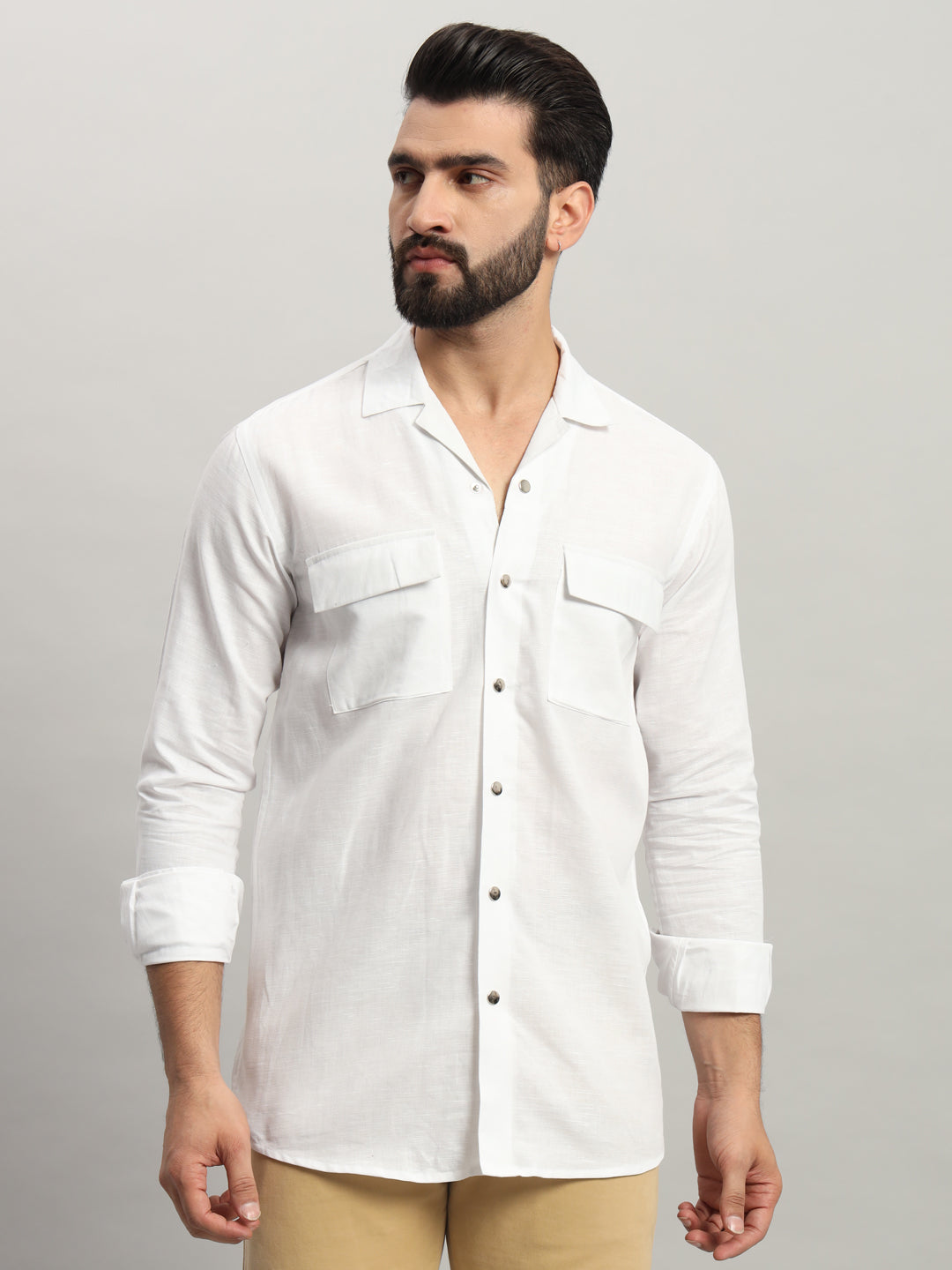 White Double Pocket Casual Shirt