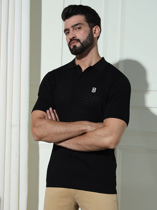 Cable Knit Polo Neck Black T- Shirt