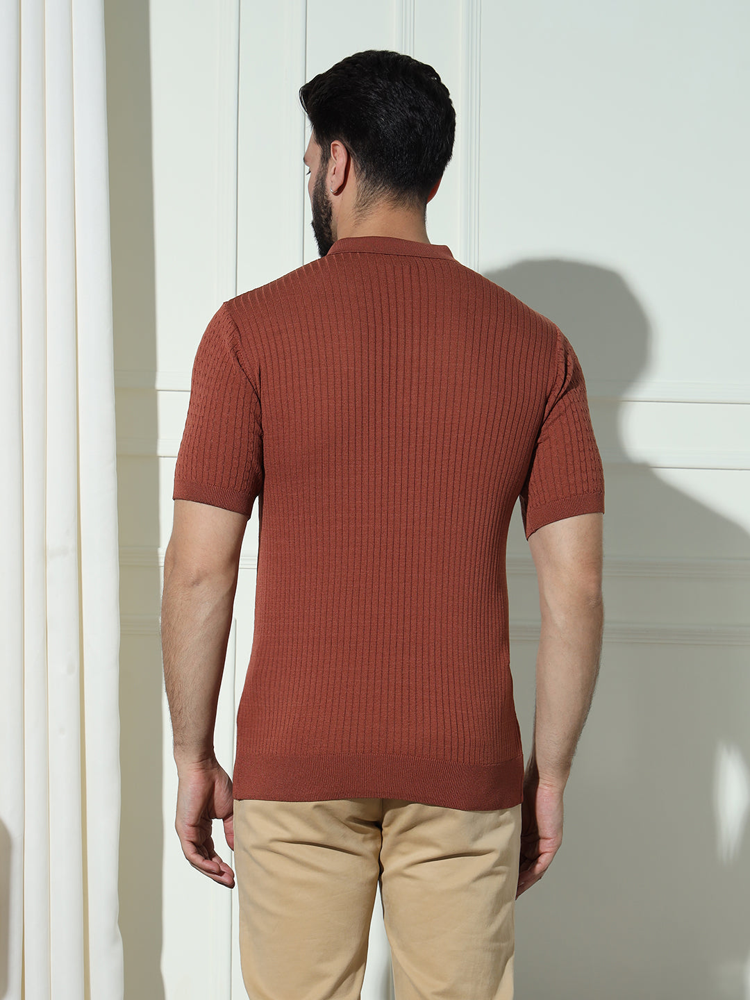 Cable Knit Polo Neck Brown T- Shirt