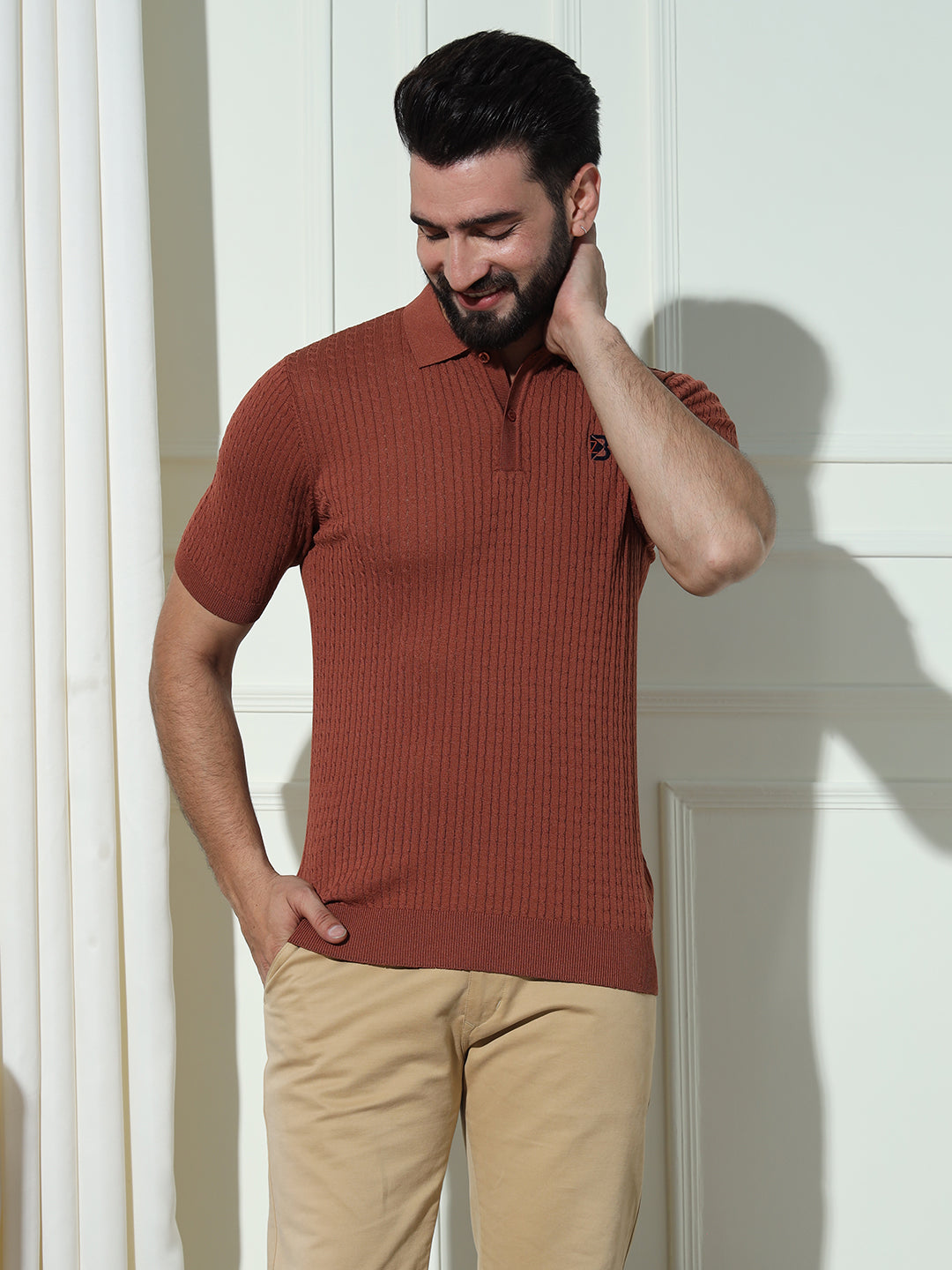 Cable Knit Polo Neck Brown T- Shirt