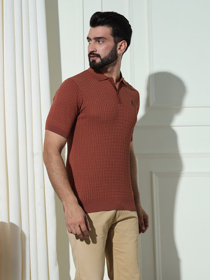 Cable Knit Polo Neck Brown T- Shirt