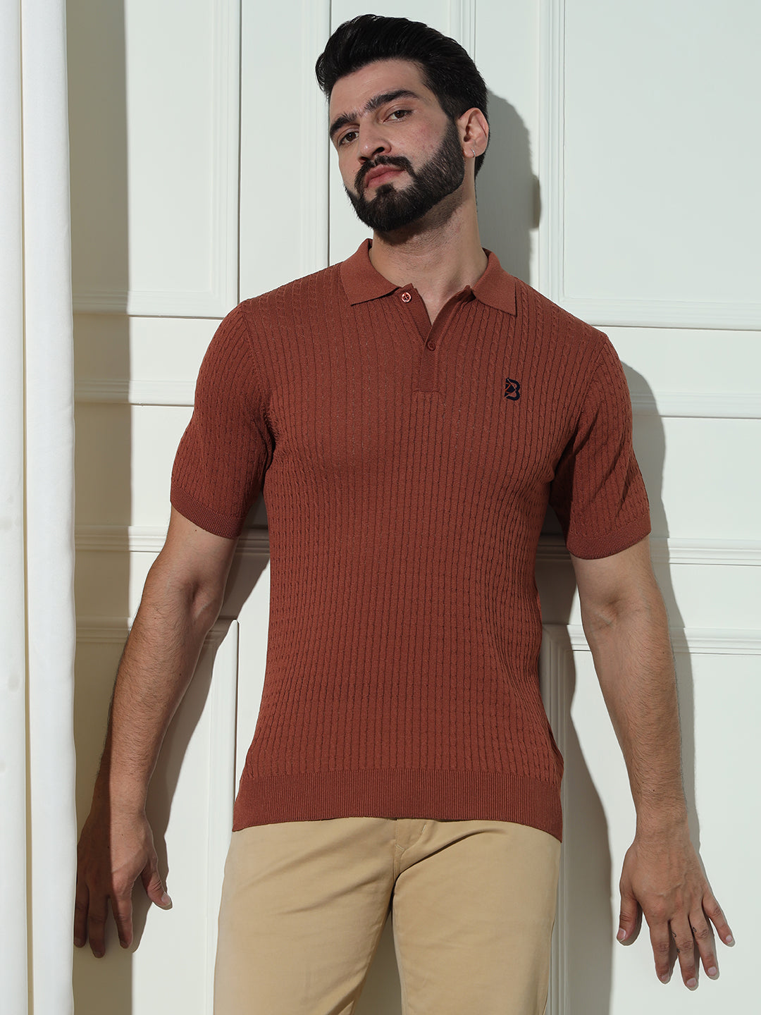 Cable Knit Polo Neck Brown T- Shirt