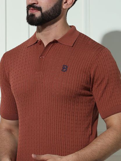 Cable Knit Polo Neck Brown T- Shirt