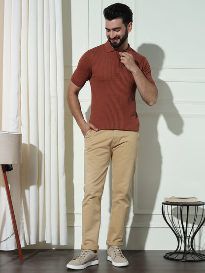 Cable Knit Polo Neck Brown T- Shirt