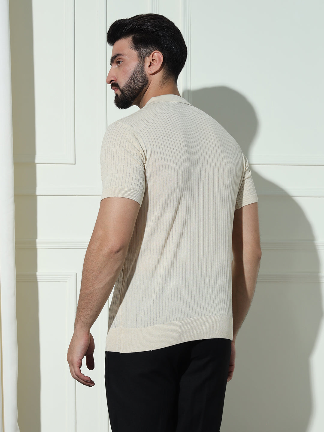 Cable Knit Polo Neck White T- Shirt