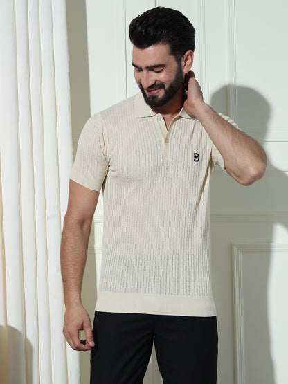 Cable Knit Polo Neck White T- Shirt