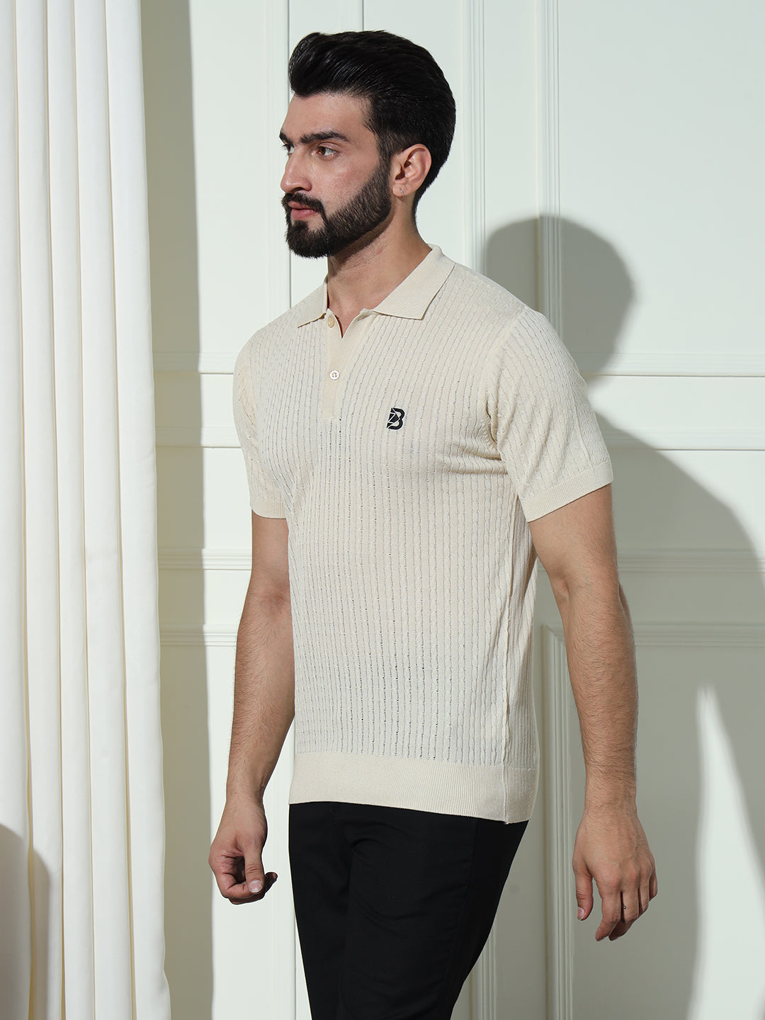 Cable Knit Polo Neck White T- Shirt