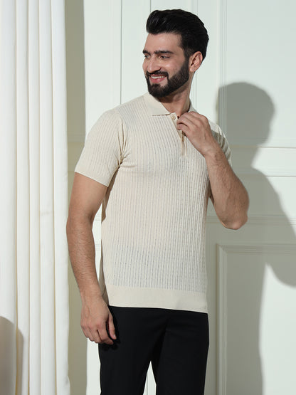 Cable Knit Polo Neck White T- Shirt
