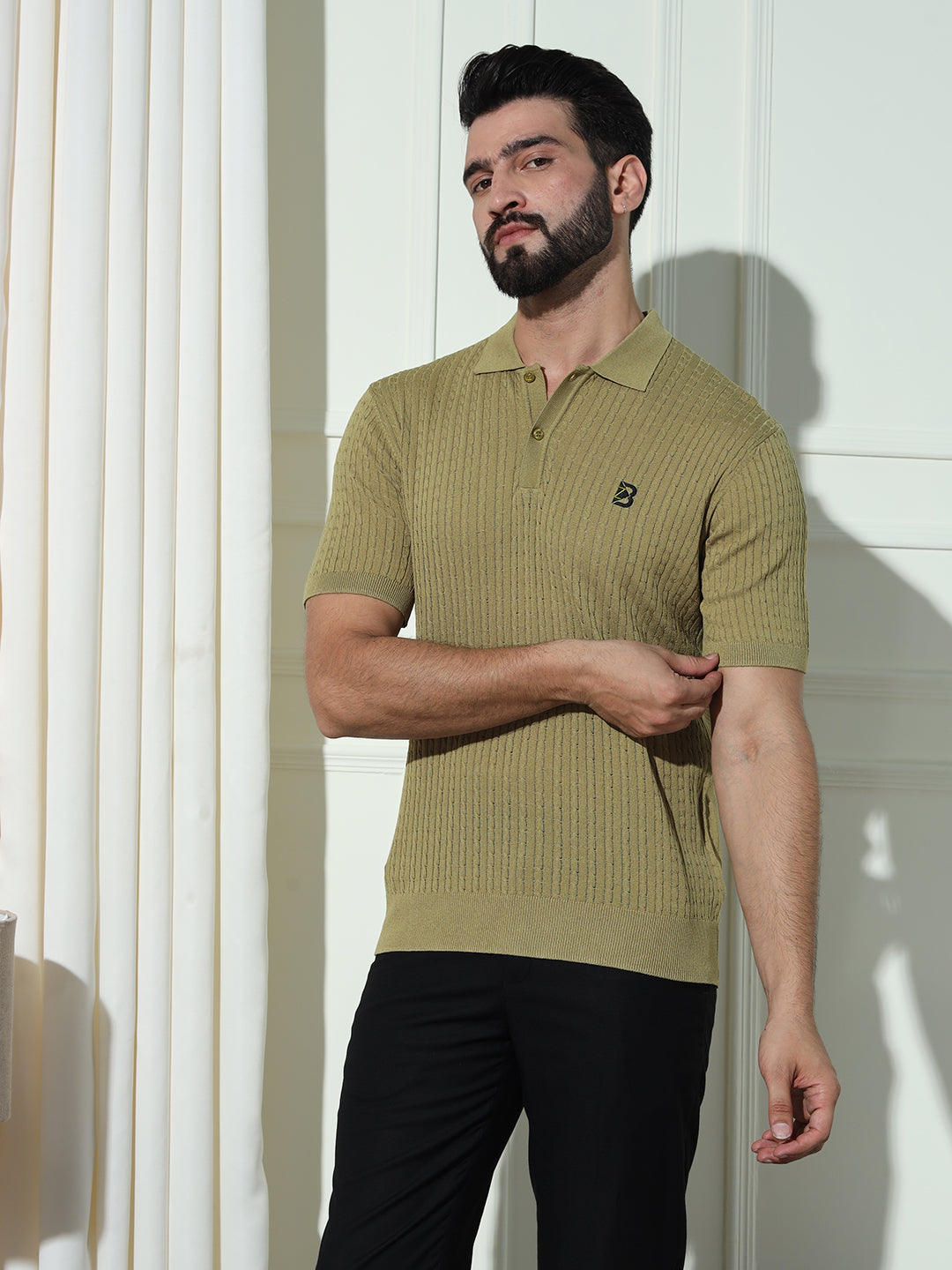 Cable Knit Polo Neck Green T- Shirt