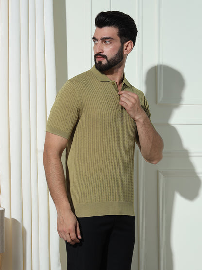 Cable Knit Polo Neck Green T- Shirt