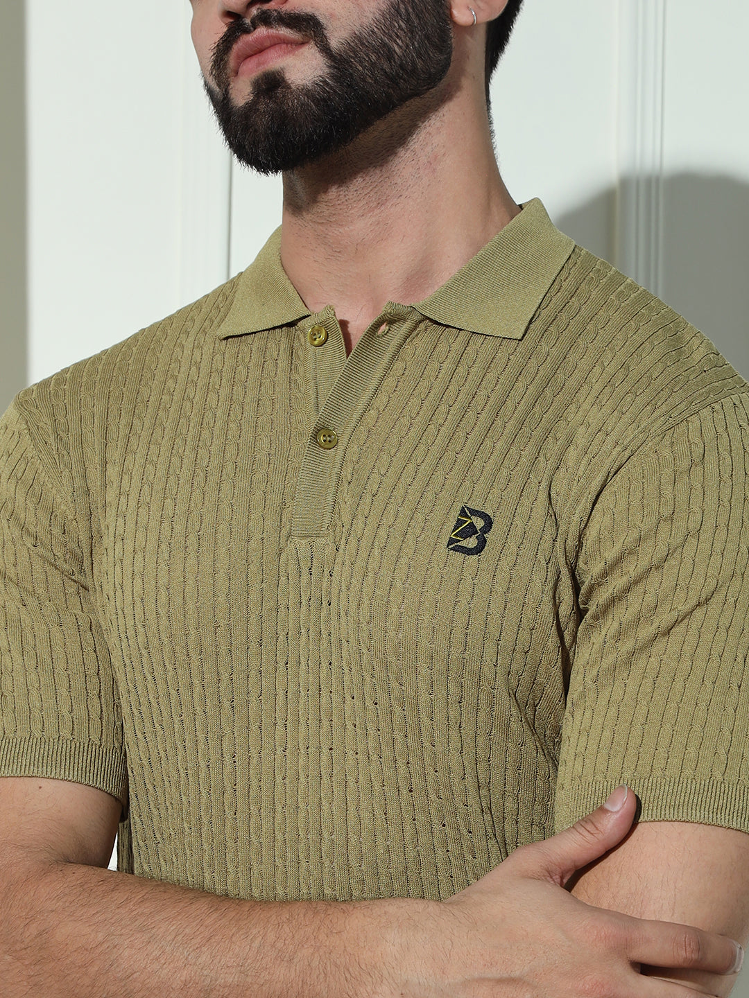 Cable Knit Polo Neck Green T- Shirt