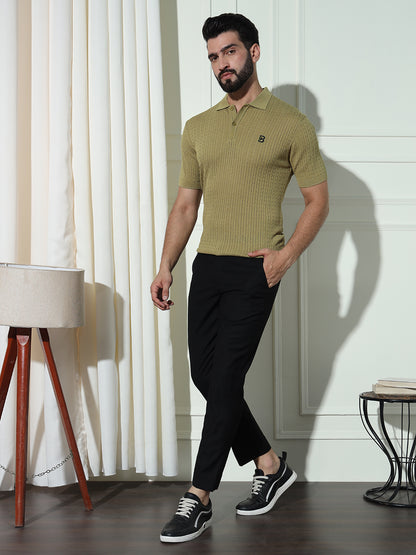 Cable Knit Polo Neck Green T- Shirt
