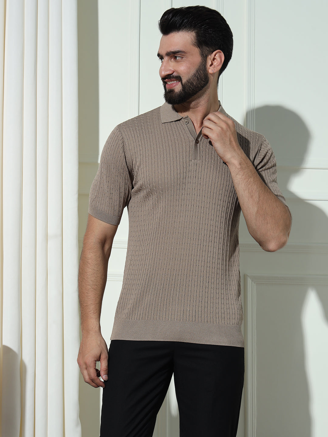 Cable Knit Polo Neck Grey T- Shirt
