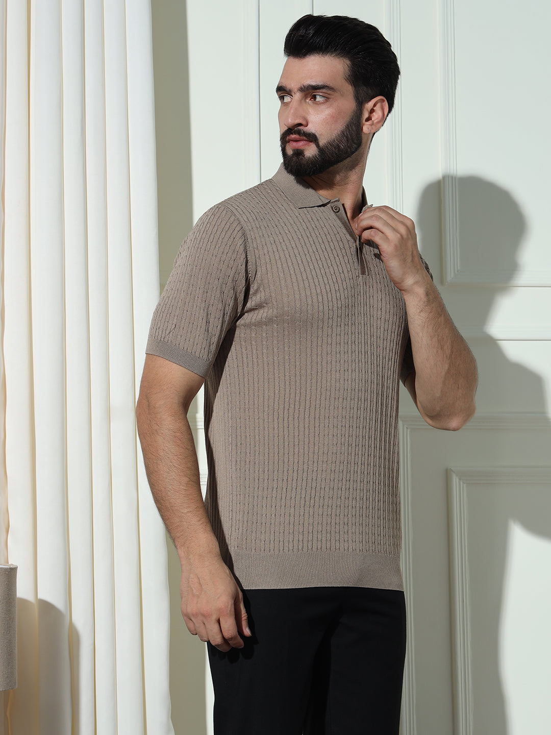 Cable Knit Polo Neck Grey T- Shirt