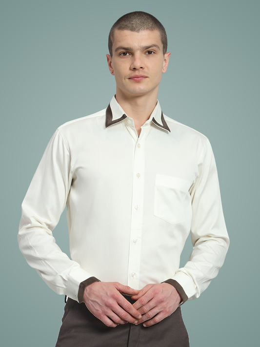 Ivory Coastline Off-White With Brown Collar Strip Shirt